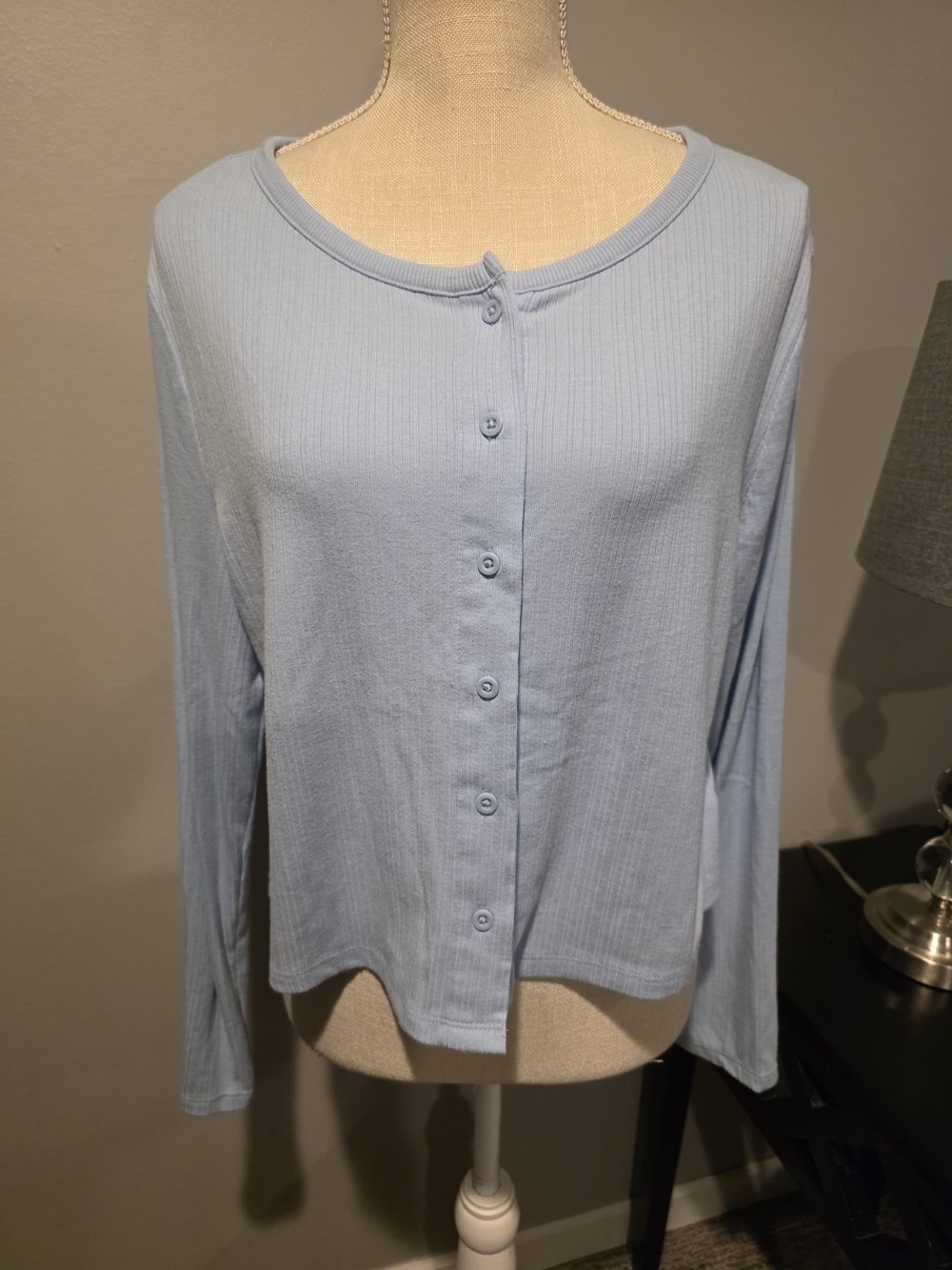 Auden Sleepwear Ribbed Button Front Light Blue Top Size XL PTP 22